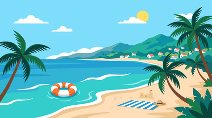 Obraz premium Sunny Tropical Beach Scene with Palm Trees and Ocean Horizon.