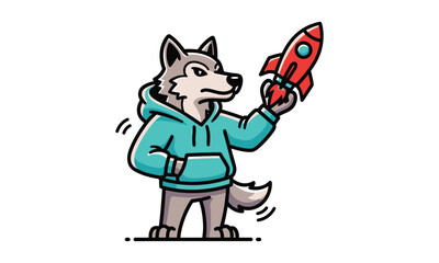 Fototapeta premium Cool wolf character wearing turquoise hoodie holding red rocket ship