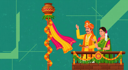 Fototapeta premium Happy Gudi Padwa: Indian Couple Celebrating Festival with Gudi