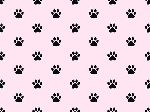 Black cat paw prints in simple seamless pattern on light pink background