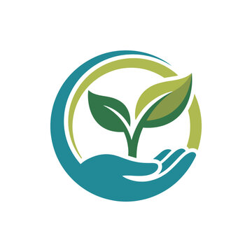 This logo represents environmentalism through a hand cradling green leaves, symbolizing sustainability, care for nature, and a commitment to preserving our planet.