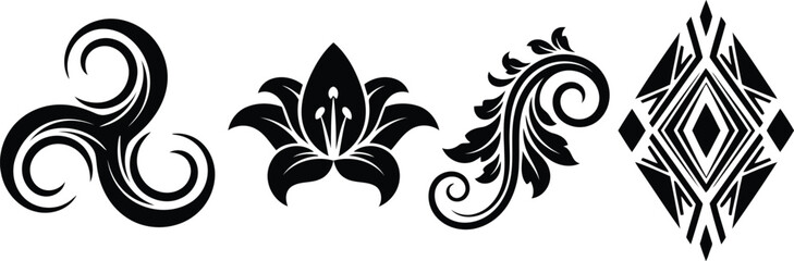 Set of Decorative Tribal Tattoo Designs and Floral Ornaments in Black Ink Style