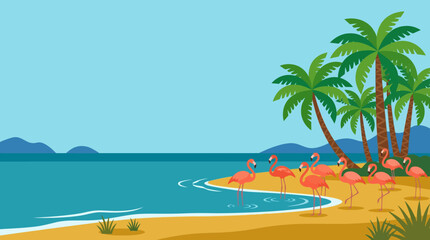 Obraz premium Sunny Tropical Beach with Palm Trees and Blue Ocean Under Clear Sky.