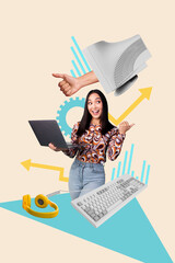 Creative 3D photo collage artwork of office manager young lady smile hold device laptop internet...