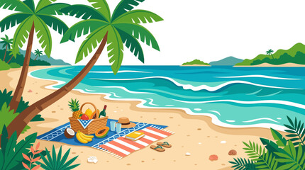 Obraz premium Sunbathing on a sunny tropical beach with palm trees and turquoise waves.