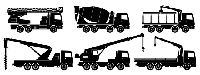 Fototapeta premium Construction trucks silhouette in black color, side view, flat vector icons for industrial design, isolated illustration. Building and heavy equipment concept