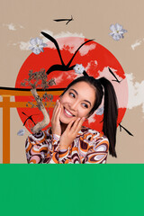 Zine creative vertical photo collage of happy korean geisha girl stand china park sakura bloom...
