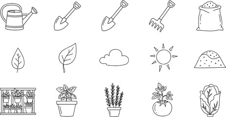 Collection of simple line art icons representing gardening tools and plants