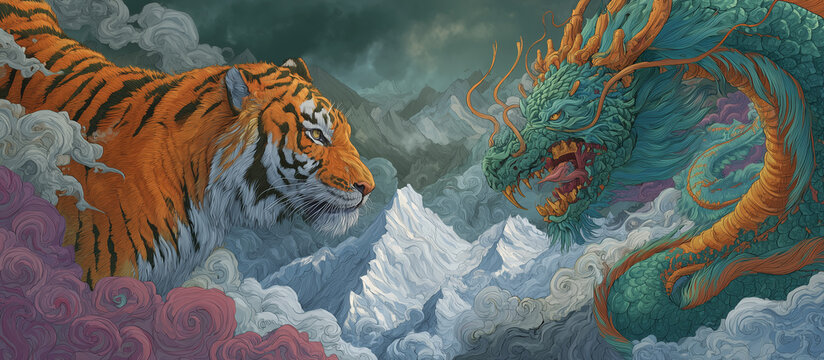 a tiger and dragon fighting in the mount