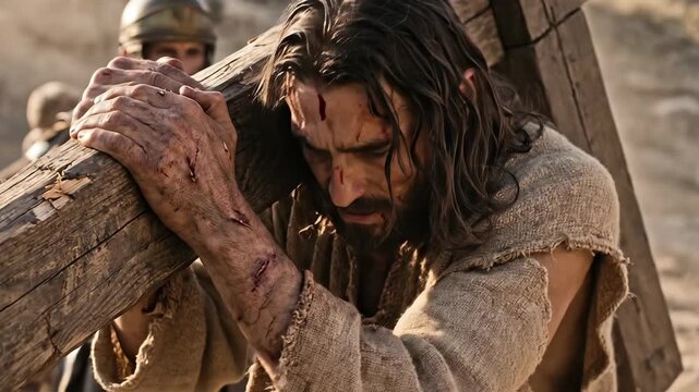 Good Friday, Jesus Christ bearing the rugged wooden cross, enduring immense pain, profound struggle on the somber journey to Golgotha, a sacred moment of spiritual sacrifice and redemption