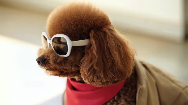 A dog wearing sunglasses and a red scarf sits indoors.