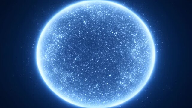 Luminous blue cosmic sphere, filled with shimmering particles, glowing in dark space