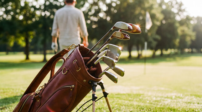 Vintage brown leather golf bag full of clubs standing on green grass course blurred player walking background classic sports equipment retro lifestyle