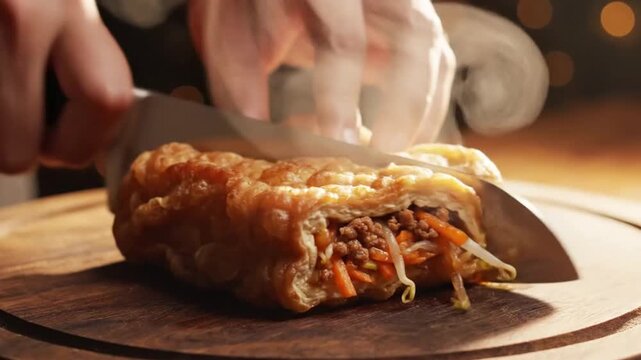 Slicing crispy stuffed fried egg pancake/martabak. 