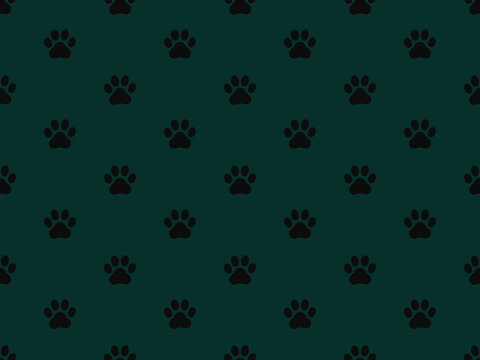 Cat footprints repeating over a dark green background for pet design