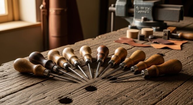 A collection of assorted pointed awl tools with wooden handles arranged on a rustic workbench, ready for leather crafting.