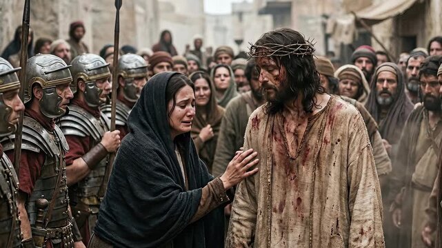 Saint Veronica wiping the face of Jesus Christ with her sacred veil, during the solemn procession on Good Friday, a moment of profound compassion on the road to Calvary