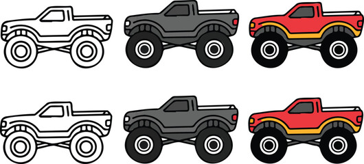 Minimalist cartoon monster truck icon set in line art, gray, and red-yellow variations arranged in two rows with side view © MD