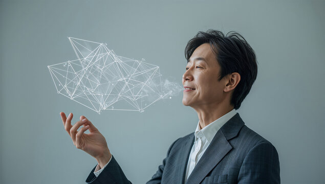 オフィスで呼吸が銀色の幾何学模様となる日本人ビジネス人物の肖像