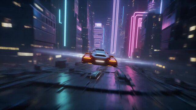 A sleek flying vehicle with glowing orange thrusters speeds through a neon-lit futuristic city at night, weaving between towering skyscrapers adorned with vibrant digital signs and motion blur effects