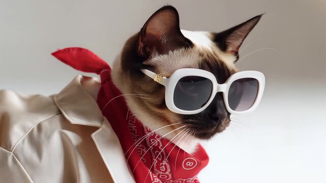 Fashionable cat wearing sunglasses and a red bandana outdoors