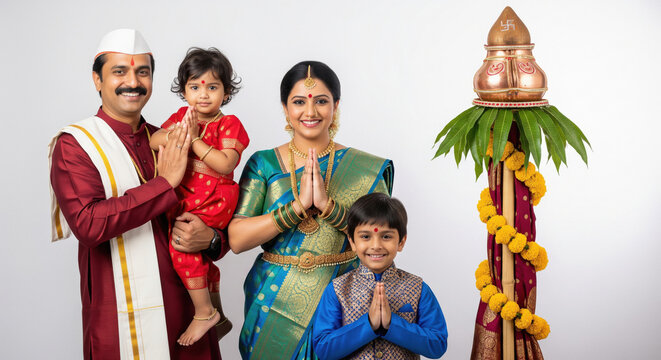 Happy Indian Family Celebrating Gudi Padwa with Children
