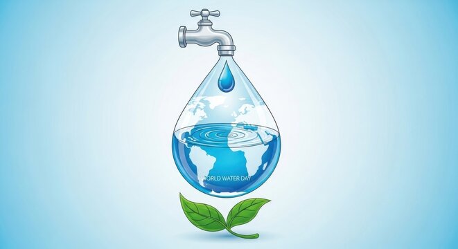 Symbolic illustration of a water drop containing the Earth emerging from a faucet above fresh green leaves representing environmental conservation awareness for world water day.
