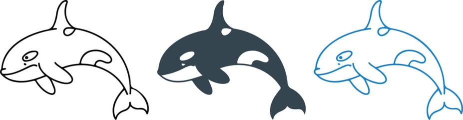 Minimalist dolphin icon set with line art, gray silhouette, and blue outline variations showing playful side profile design © MD