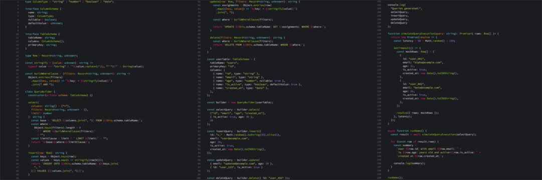 Programming code on digital background. Software developer workspace with complex typescript syntax script. Digital technology concept for web development and backend engineering software.