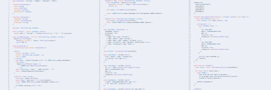 Computer screen displaying source code script. Software developer workspace with programming syntax. Concept of digital information technology and web application backend development.