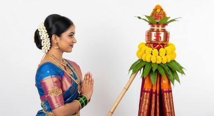 Naklejka premium Indian Woman Celebrates Gudi Padwa with Traditional Festive Decor
