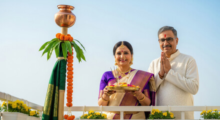 Naklejka premium Happy Indian Couple Celebrating Gudi Padwa, Traditional Hindu New Year