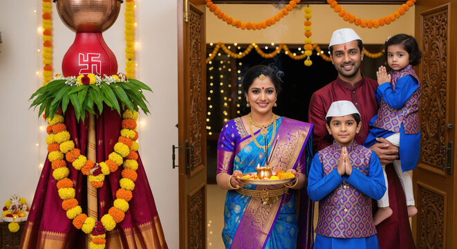 Joyful Indian Family Celebrating Gudi Padwa Festival with Traditional Rituals