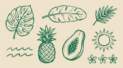 Artistic collection of exotic tropical elements naive vector drawn, perfect for summer vacation designs and island-themed projects © Dileesha