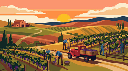Fototapeta premium Vineyard harvest at sunset people picking grapes into a truck