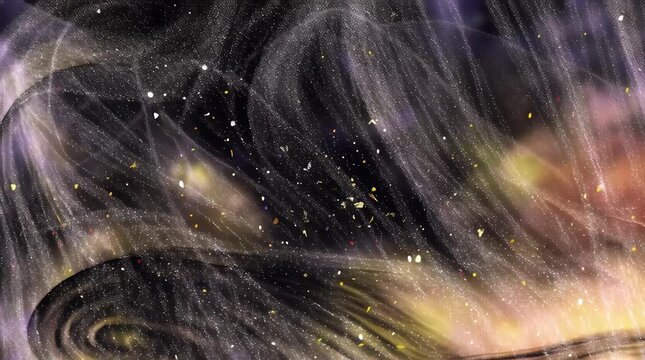 Abstract cosmic swirl of stardust and nebula clouds against a dark black background creating a dreamy ethereal space texture for design projects