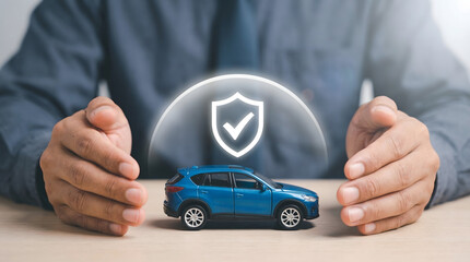 Car insurance protection concept with hands shielding blue toy SUV and digital shield checkmark icon, vehicle safety coverage, auto insurance approval and protection service on wooden desk
