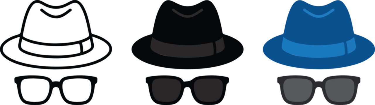 Minimalist spy and detective icon set with fedora hat and sunglasses in line art, black and blue variations