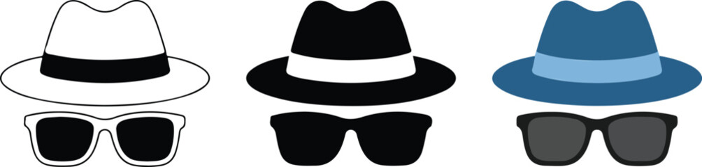 Fototapeta premium Minimalist spy and detective icon set with fedora hat and sunglasses in line art, black and blue variations