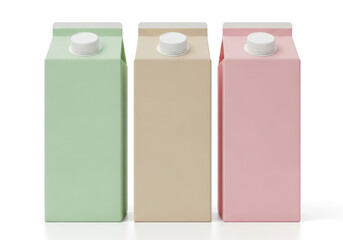 Three differently colored milk cartons lined up side by side against a plain background