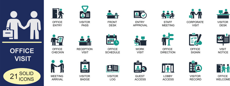 Bold vector office visit icon set featuring reception, visitor, meeting and workplace access symbols in bold vector style for web, mobile apps, corporate dashboards and business projects.