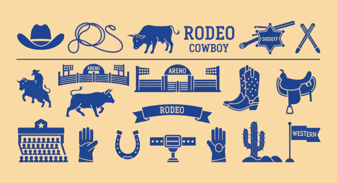 Rodeo Cowboy Icons: Bull, Horse, Hat, Boots, Saddle, Lasso, Cactus, Western