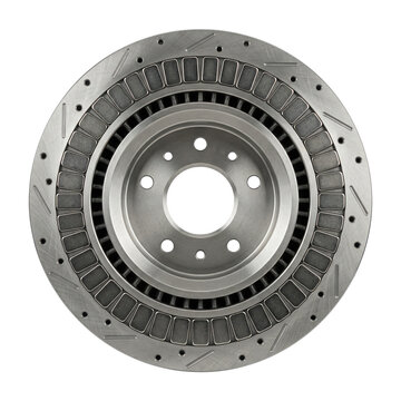 Rare earth application objects in circular metal brake rotor with ventilated vanes and drilled surface showing industrial detail and rugged texture