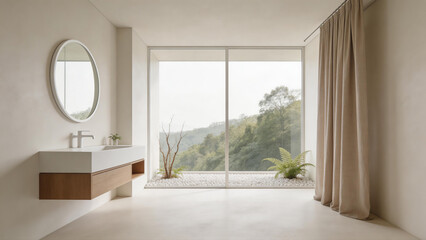 Fototapeta premium Modern minimalist bathroom with large window overlooking green landscape
