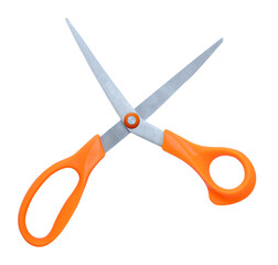 Top view of a pair of open multipurpose scissors with orange handle isolated on white background...