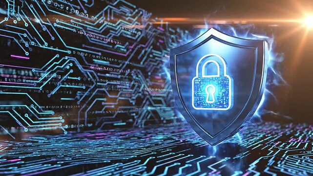 Digital security shield with padlock protecting data on circuit board.