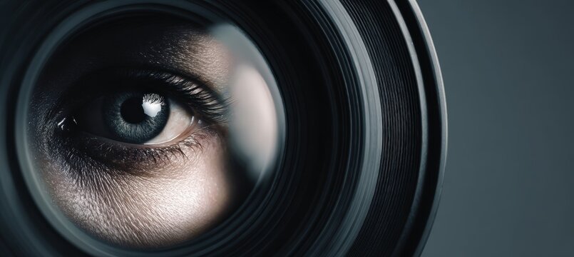 Camera Lens Reflecting Distorted Human Face as Metaphor for Fake Media Manipulation Isolated on Dark