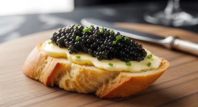 Gourmet Caviar Bite on Bread with Butter and Chives