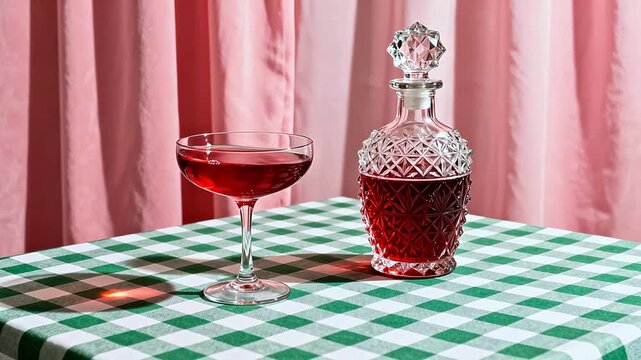 Red drink in glass and decanter on table