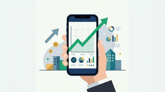 Minimalist flat illustration of stock market investment, smartphone with graph line.